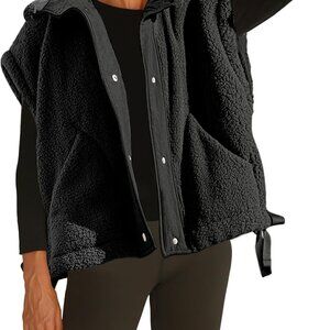 Womens Fleece Vest Casual Sleeveless Button Down Sherpa Jacket Outerwear with Po